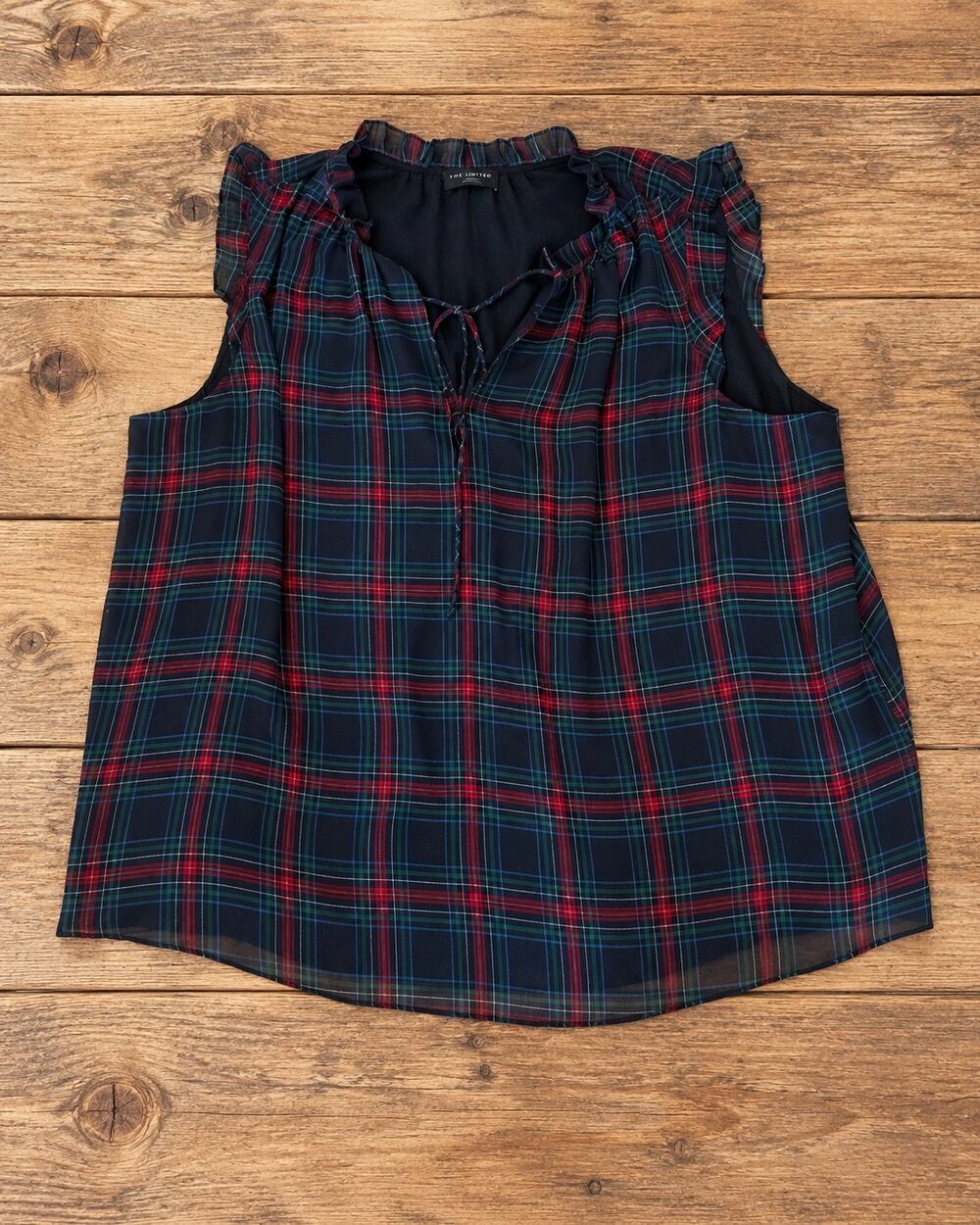 Lane Bryant 26/28 Plaid Sleeveless Ruffle Tie Neck Blouse Black Red Green